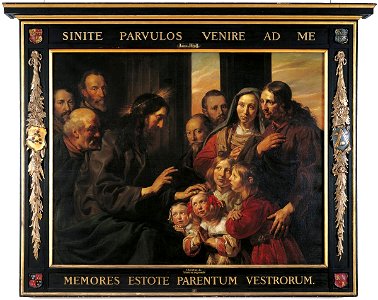 Jan de Bray - Christus zegent de kinderen familieportret Braems-Van der Laen - 1663. Free illustration for personal and commercial use.