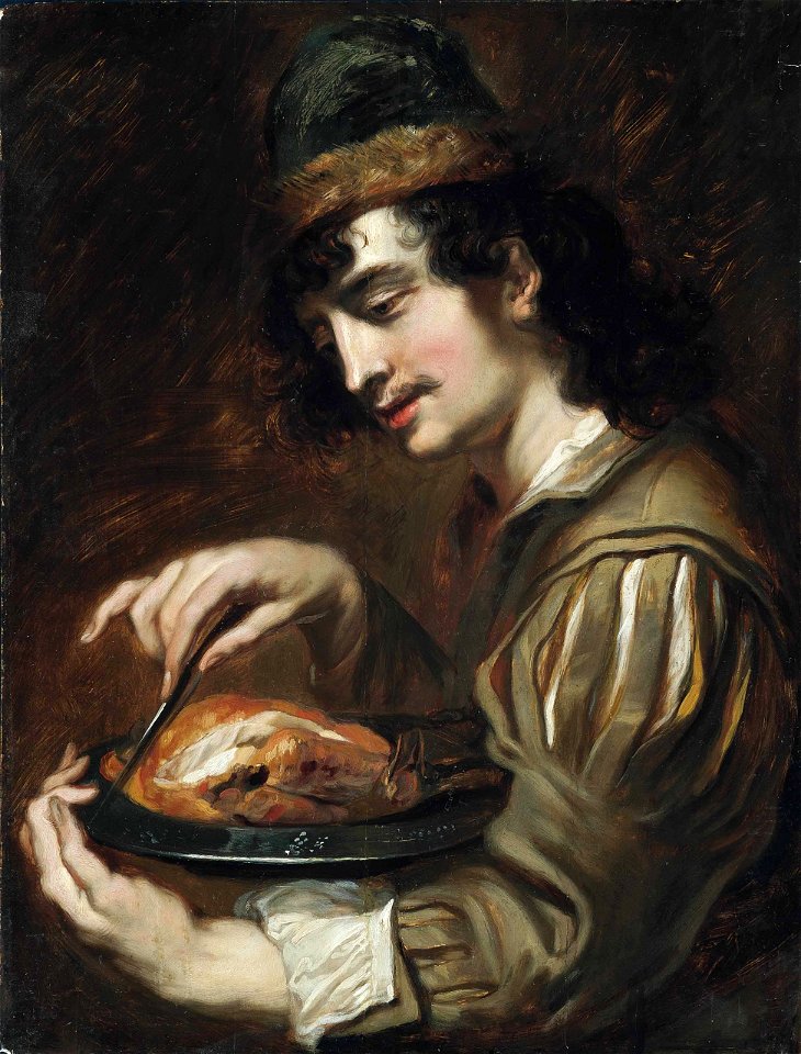 Jan Cossiers - Man holding a pewter charger with a chicken