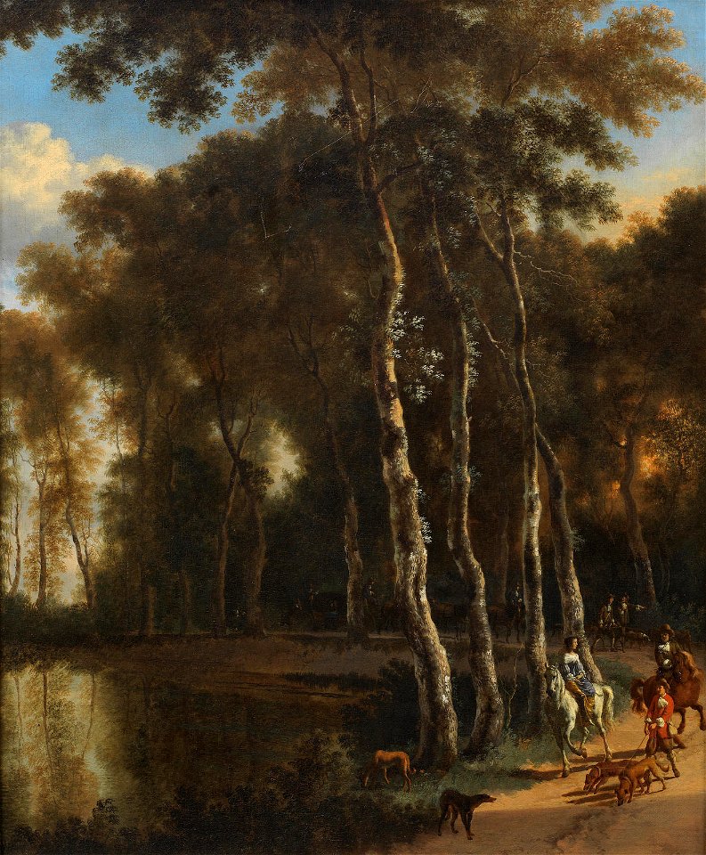 Jan Hackaert - A hawking party on a woodland path