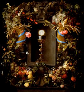 Jan Davidsz de Heem, , Kunsthistorisches Museum Wien, Gemäldegalerie - Eucharistie, von Fruchtgirlanden umgeben - GG 571 - Kunsthistorisches Museum