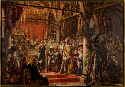 Jan Matejko - Coronation of the First King, 1001 AD, from the series “History of Civilization in Poland” - MP 5060 MNW - National Museum in Warsaw. Free illustration for personal and commercial use.