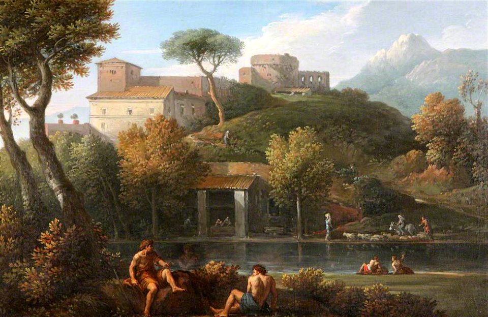 Jan Frans van Bloemen (1662-1749) (possibly) - Two Men Conversing by a Lake Beneath a Castle (style of Gaspard Dughet) - 1151405 - National Trust