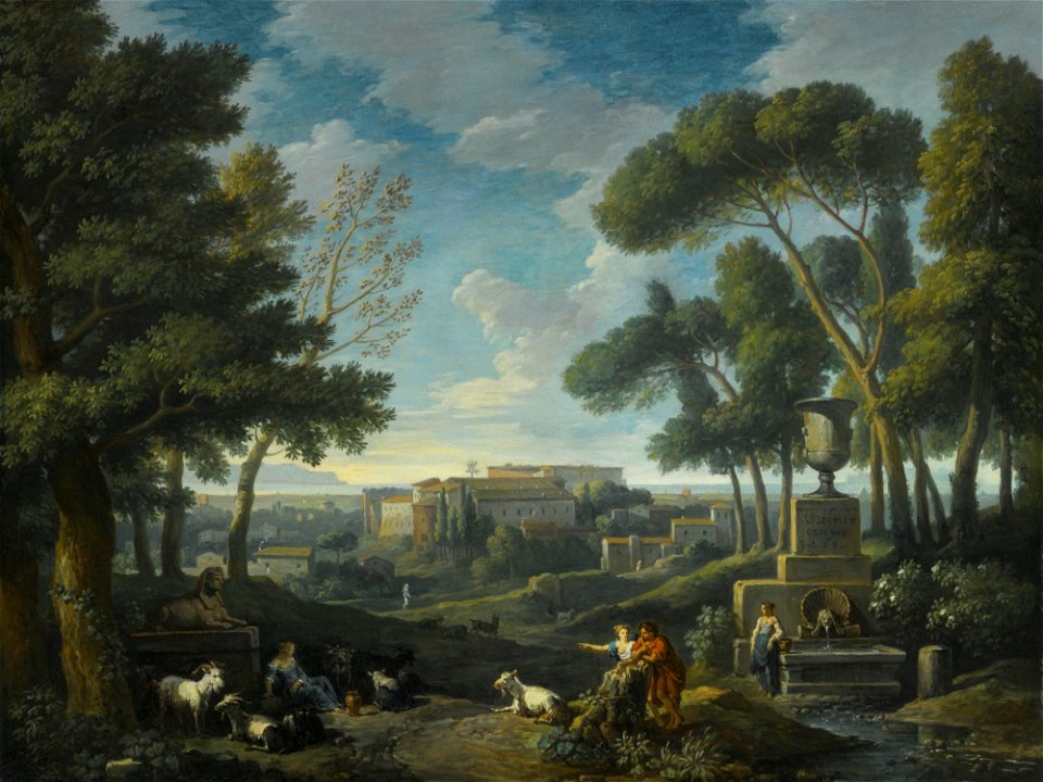Jan Frans van Bloemen - A Wooded Landscape With a Fountain, A Capriccio View of Rome Beyond