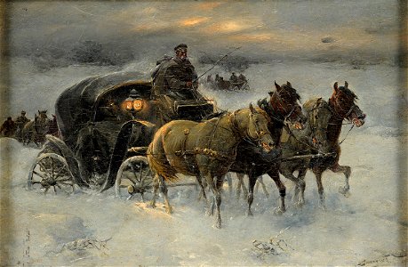 Jan Konarski Vierspänner im Winter. Free illustration for personal and commercial use.