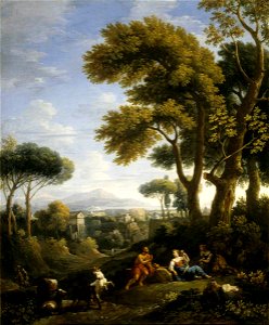 Jan Frans van Bloemen (1662-1749) - A Classical Landscape with a Traveller and Two Women Conversing and Three Goats Gambolling - 609003 - National Trust