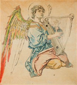 Jan Matejko - Cardboard for the Polychromy in the St Mary's Church – Figure of an Angel Playing the Lute - MNK IX-135 - National Museum Kraków. Free illustration for personal and commercial use.