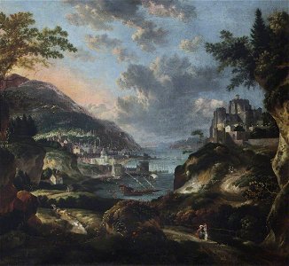 Jan Griffier I (c.1652-1718) (attributed to) - An Imaginary Eastern Port with Figures and Animals, with Dover (^) Castle - 653167 - National Trust