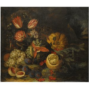 Jan Pauwel Gillemans (II) - Still life with tulips, carnations, grapes, melons, peaches, cherries and a partly peeled lemon