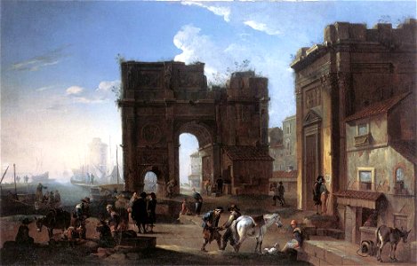 Jan Miel and Alessandro Salucci - Harbour View with Triumphal Arch - WGA20675. Free illustration for personal and commercial use.