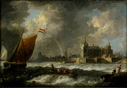 Jan Peeters - Coastal landscape with sailboats and Antwerp in the background