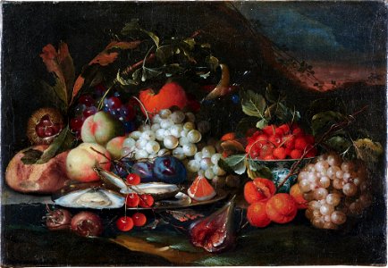 Jan Pauwel Gillemans (I) - A pewter dish of oysters and fruit surrounded by grapes, figs and strawberries in a landscape