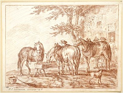 Jan Peeter Verdussen - Three peasants leaving their horses to go to the hostel