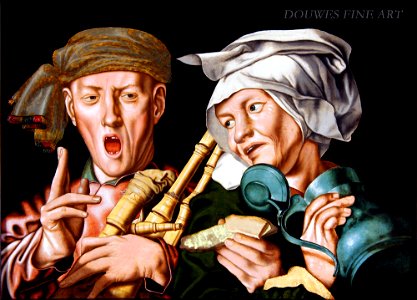 Jan Sanders van Hemessen and Workshop - The boisterous bagpipe player and the artful woman. Free illustration for personal and commercial use.