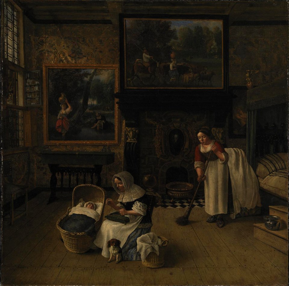 Jan Siberechts - Interior with a Woman Embroidering and Rocking a Child in a Cradle - KMSsp302 - Statens Museum for Kunst