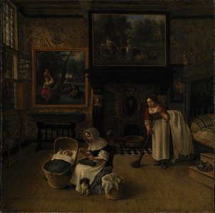 Jan Siberechts - Interior with a Woman Embroidering and Rocking a Child in a Cradle - KMSsp302 - Statens Museum for Kunst