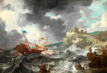 Jan Peeters I - Spanish and English galleons foundering in stormy waters with figures watching on from a rocky coastline with a Spanish fortress beyond