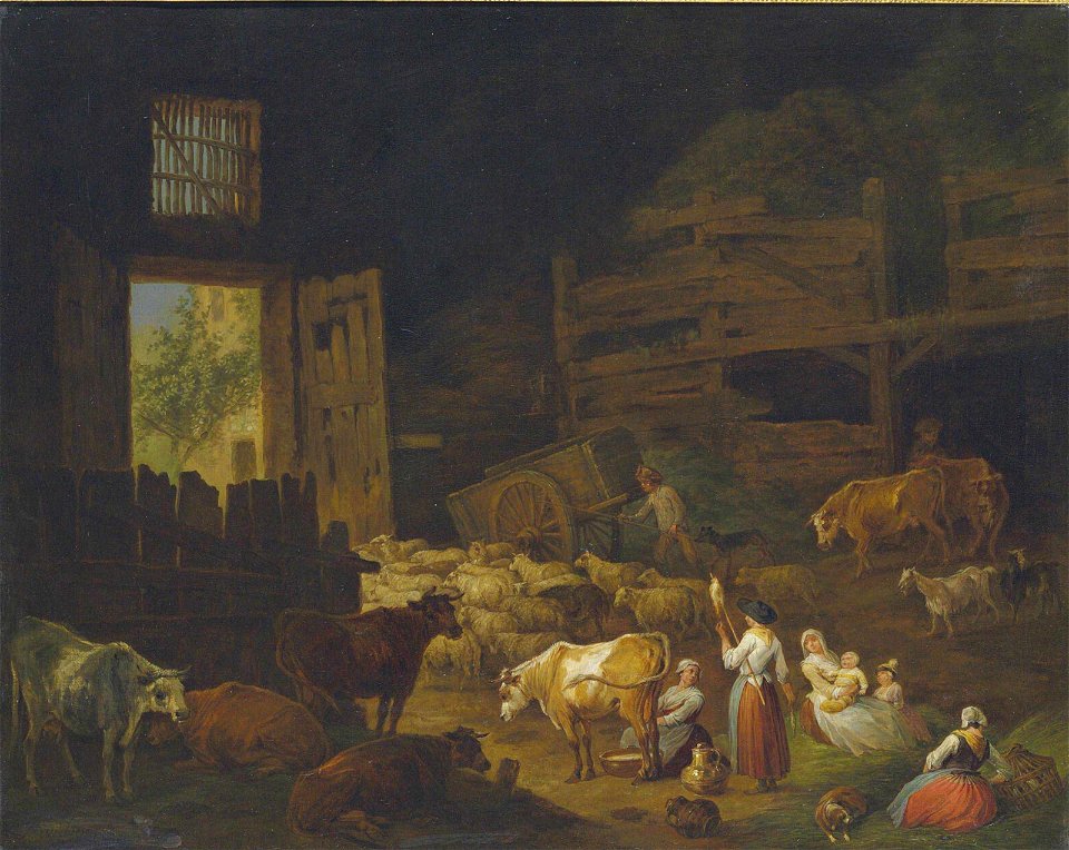 Jan Peeter Verdussen - Cows, sheep, and other animals in a barn interior, with peasants resting in the foreground