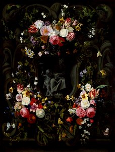 Jan Philip van Thielen - A Stone Cartouche with the Virgin and Child, Encircled by a Garland of Flowers