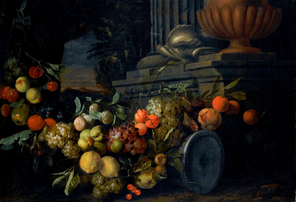 Jan Pauwel Gillemans (I) - Garland of fruit before classical ruins, with a fountain and a southern landscape beyond
