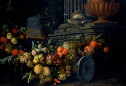 Jan Pauwel Gillemans (I) - Garland of fruit before classical ruins, with a fountain and a southern landscape beyond