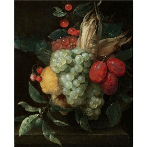 Jan Pauwel Gillemans (I) - Still life with a festoon of grapes, plums, lemons, cherries, wild strawberries and a corn on the cob