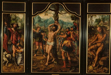 Jan Sanders van Hemessen - Triptych of the Martyrdom of St Sebastian. Free illustration for personal and commercial use.