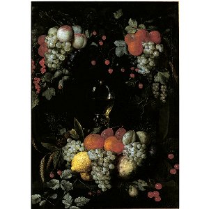 Jan Pauwel Gillemans (I) - A still life with a Roemer, oranges, grapes, plums, lemons and other fruit in a niche surrounded by garlands of fruit