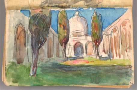 Jan Stanisławski - Sketchbook No. 2 - Landscape study - Moorish arcaded courtyard with cypresses, study of a woman with fan - two-page drawing - MNK III-r.a-1907-55 - National Museum Kraków