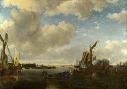 Jan van de Cappelle - Statenjacht lost een saluutschot in een haven - NG966 - National Gallery. Free illustration for personal and commercial use.