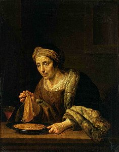 Jan van Bijlert - A Woman Holding Pancakes - WGA2185. Free illustration for personal and commercial use.