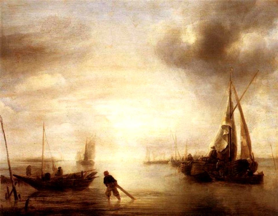 Jan van de Cappelle - Kalme zee bij zonsondergang met in de voorgrond een visser - WRM 2535 - Wallraf–Richartz Museum