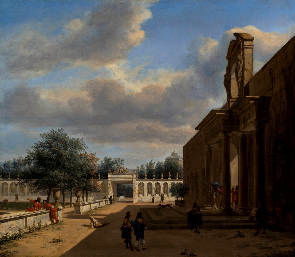 Jan van der Heyden - A Palatial Garden, with Figures emerging from a Palace on the Right