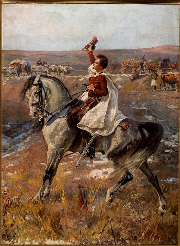 Jan Styka - Portrait of Petőfi on horseback with a line of carts in the background - MP 3186 - National Museum in Warsaw