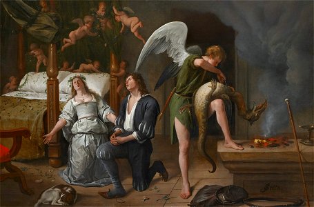 Jan Steen - Tobias en Sarah bidden terwijl Rafael bindt de demon. Free illustration for personal and commercial use.
