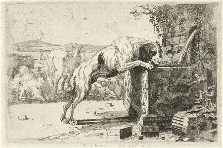 Jan van den Hecke - Dog drinking from a fountain. Free illustration for personal and commercial use.