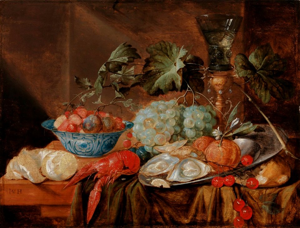 Jan van den Hecke - Still life of fruit, a lobster, oysters and a rummer on a table