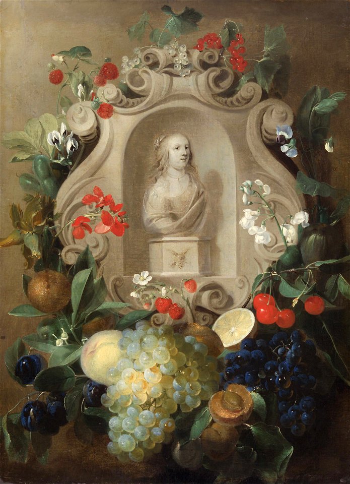 Jan van den Hecke - White Bust in a Flower and Fruit Garland