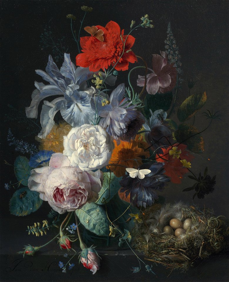 Jan van Huysum - Glass Vase with Flowers, a Poppy and a Finch Nest, 1720-21