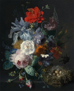 Jan van Huysum - Glass Vase with Flowers, a Poppy and a Finch Nest, 1720-21