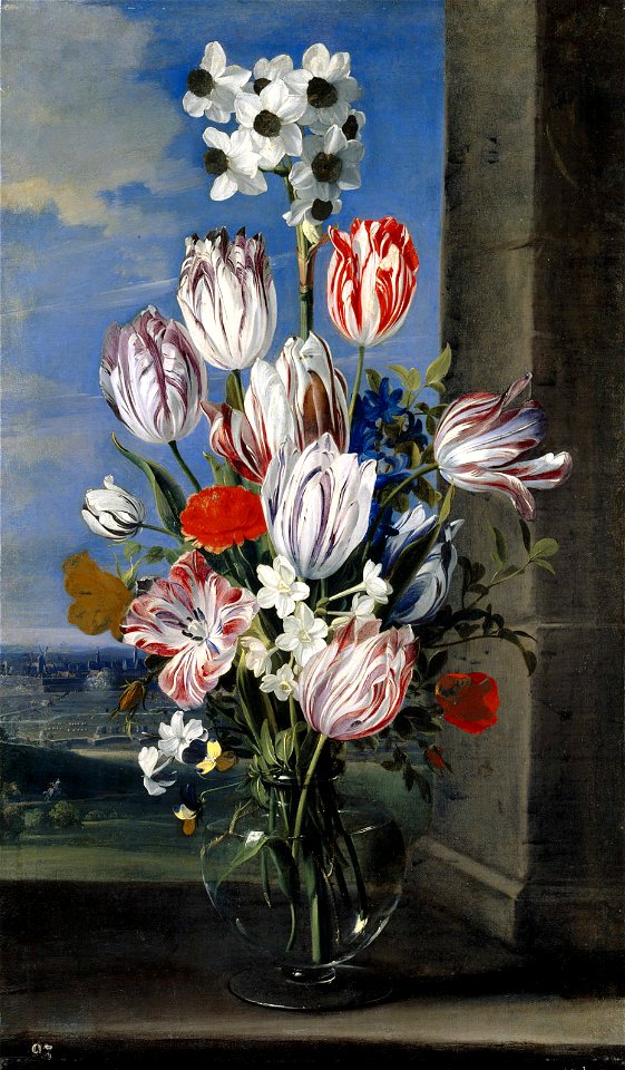Jan van den Hecke - Flowers in a Vase with the Siege of Gravelingen