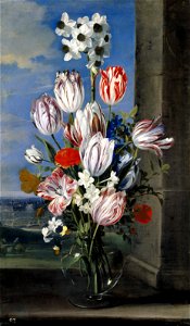 Jan van den Hecke - Flowers in a Vase with the Siege of Gravelingen. Free illustration for personal and commercial use.
