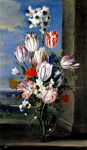 Jan van den Hecke (I) - Bloemen in een vaas op een vensterbank, op de achtergrond het beleg van Grevelingen-Gravelines van 1652 - GG 7989 - Kunsthistorisches Museum