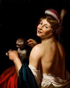 Jan van Bylert (Werkstatt) Eine Kurtisane am Ohr einer Katze ziehend