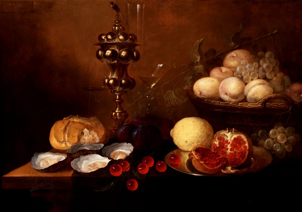 Jan van den Hecke - Still life with a silver beaker, oysters, pomegranate, cherries and grapes