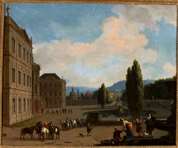 Jan van Huchtenburg - Palace courtyard with a fountains, a carriage and people - M.Ob.1895 - National Museum in Warsaw