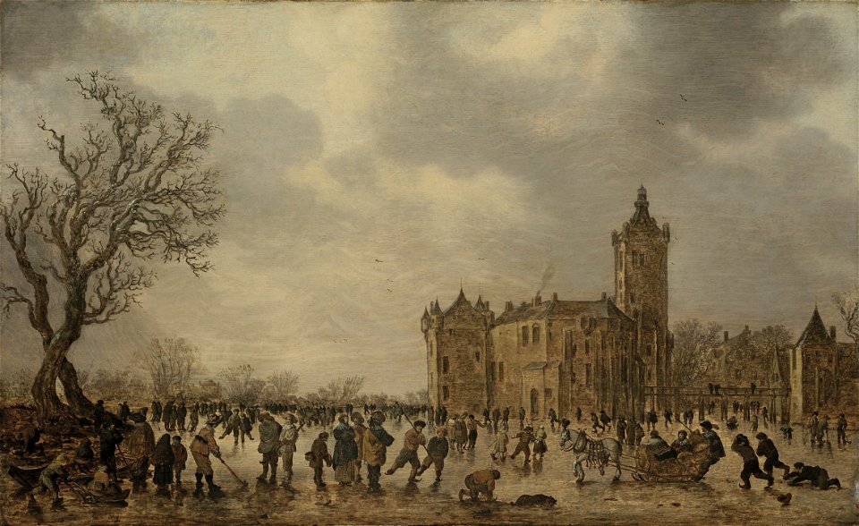 Jan van Goyen - A winter landscape with figures desporting on the ice (1634)