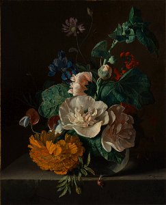 Jan van Huysum - Floral Still Life with Hollyhock and Marigold. Free illustration for personal and commercial use.