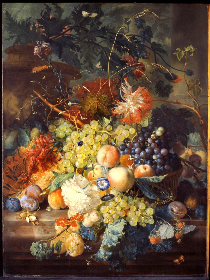 Jan van Huysum - Still life of fruit heaped in a basket, next to an urn - 1730s