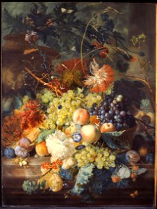 Jan van Huysum - Still life of fruit heaped in a basket, next to an urn - 1730s. Free illustration for personal and commercial use.