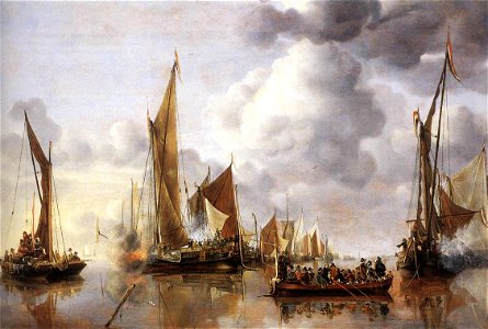Jan van de Cappelle - The State Barge Saluted by the Home Fleet - WGA4056. Free illustration for personal and commercial use.